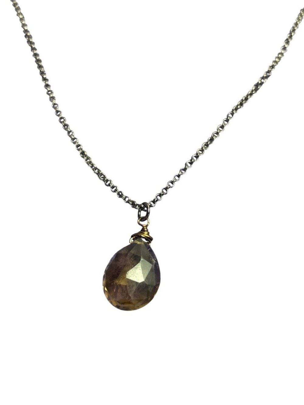 Olive Faceted Glass Teardrop Pendant Necklace Gunmetal Chain Lobster Clasp